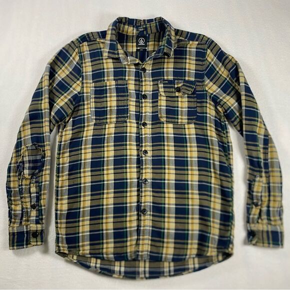 Volcom Flannel Shirt Button Up Plaid Modern Fit Brown Blue Mens Size Medium - Picture 1 of 10